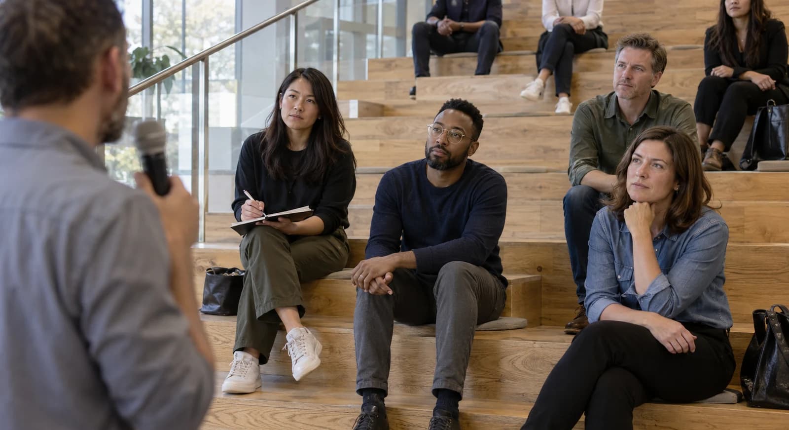 Colleagues listen to a presenter with a microphone on wooden auditorium steps, with one taking notes.