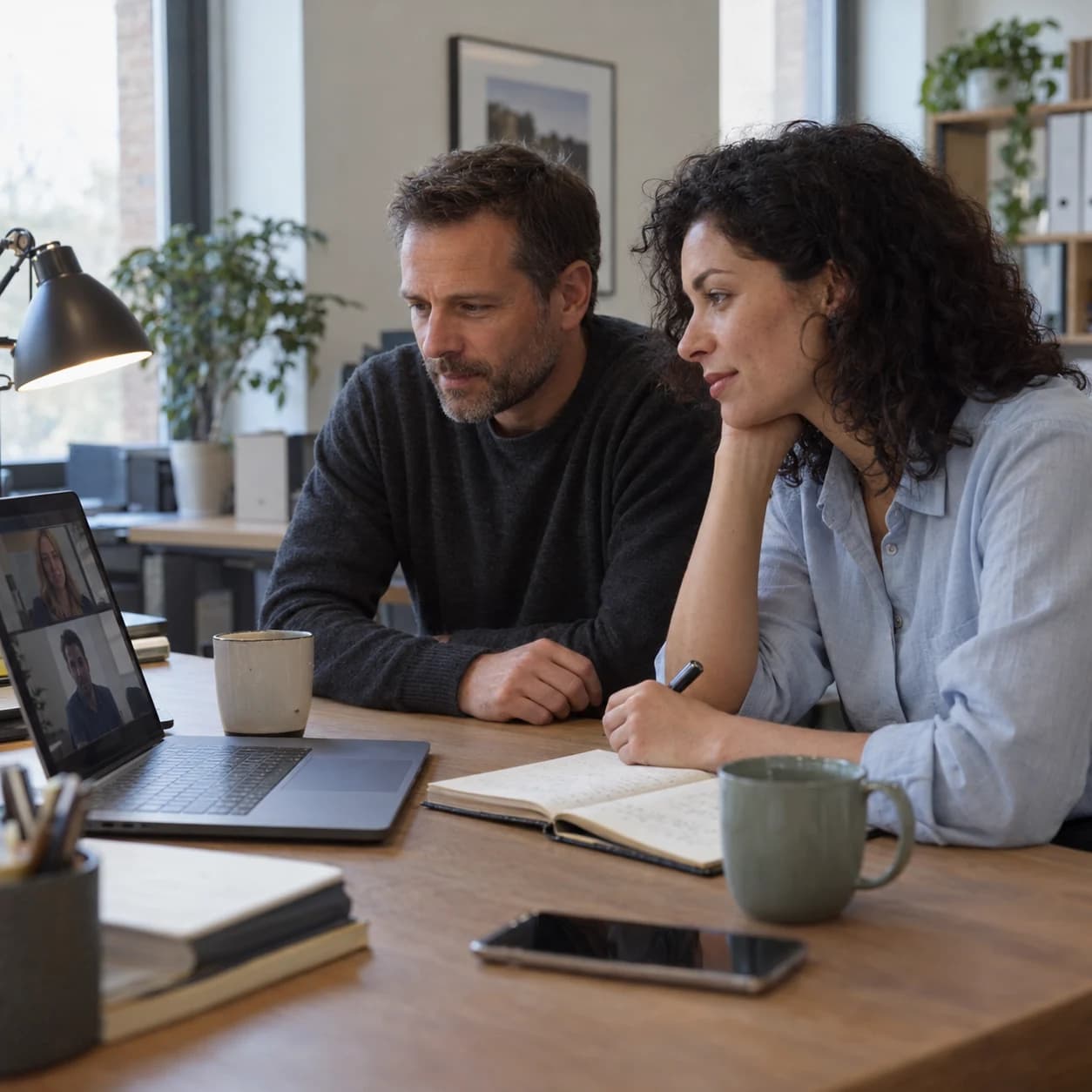Two colleagues listen to remote participants on a laptop video call beside an open notebook in a quiet office.