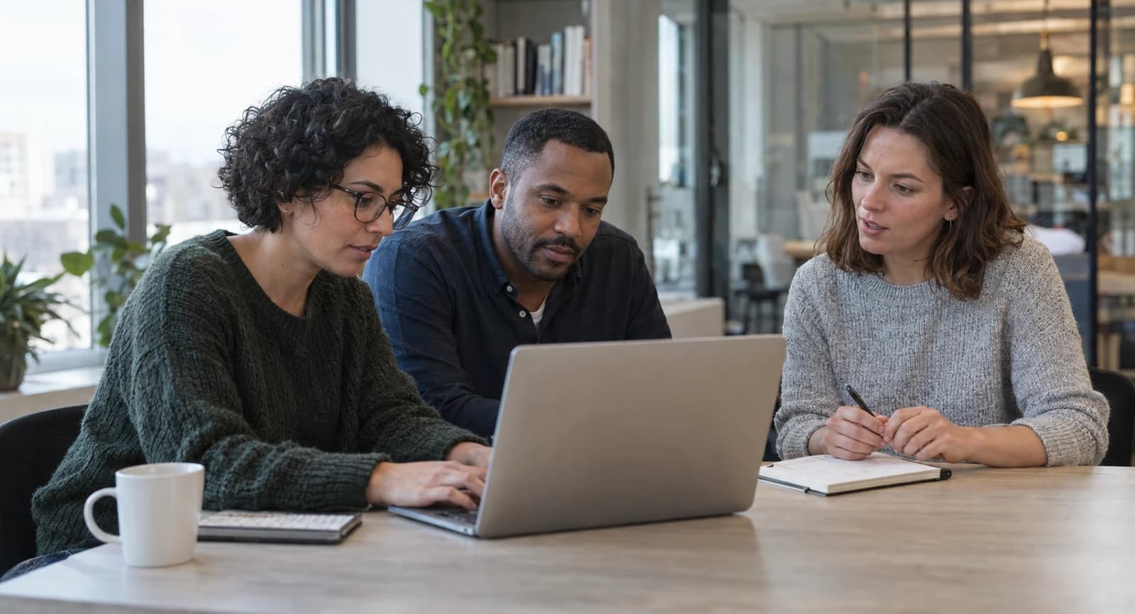 Three colleagues work together at a laptop beside an office window, with one typing and another holding a pen over a notebook.