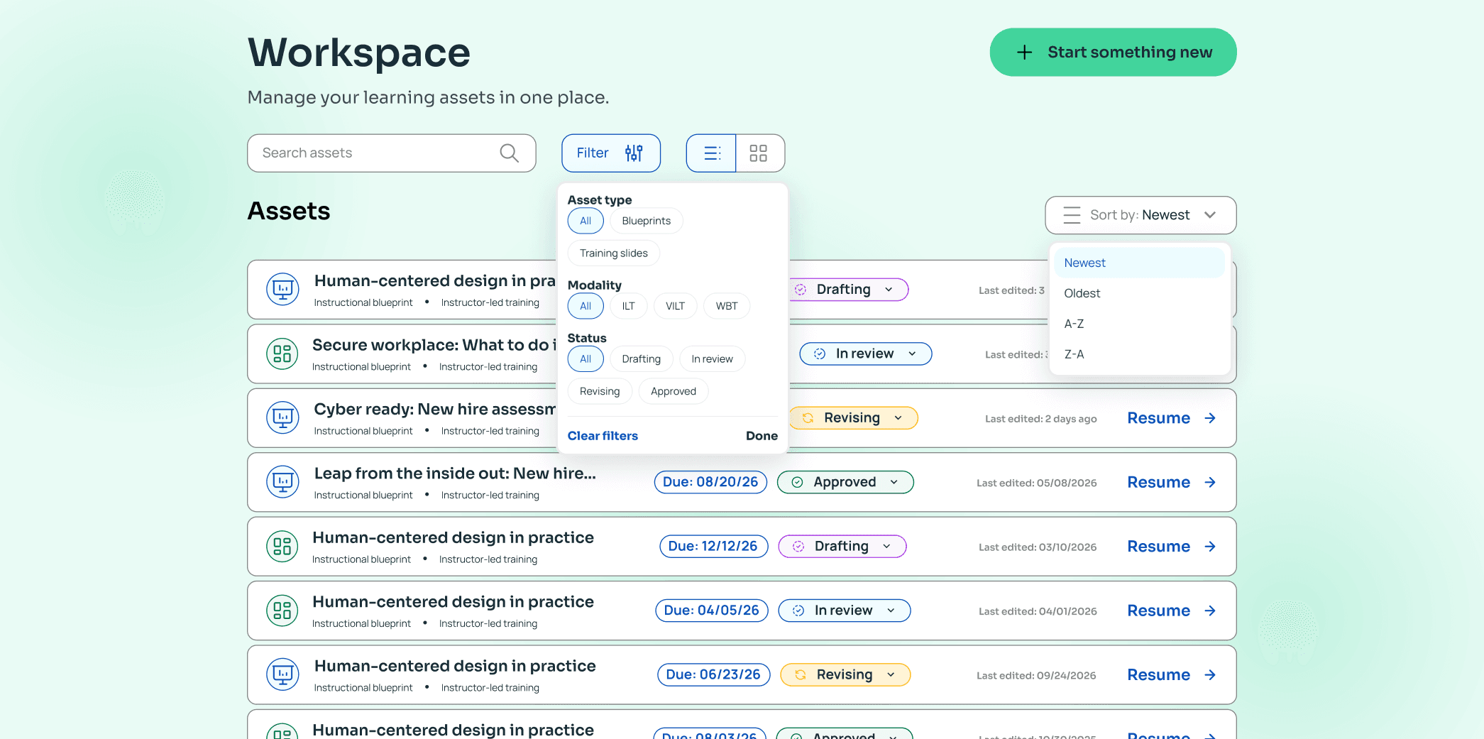 Nuralia's Workspace page listing learning assets with due dates and Drafting, In review, Revising, and Approved status badges, with the Filter menu open on asset type, modality, and status, and the Sort by menu open on Newest.