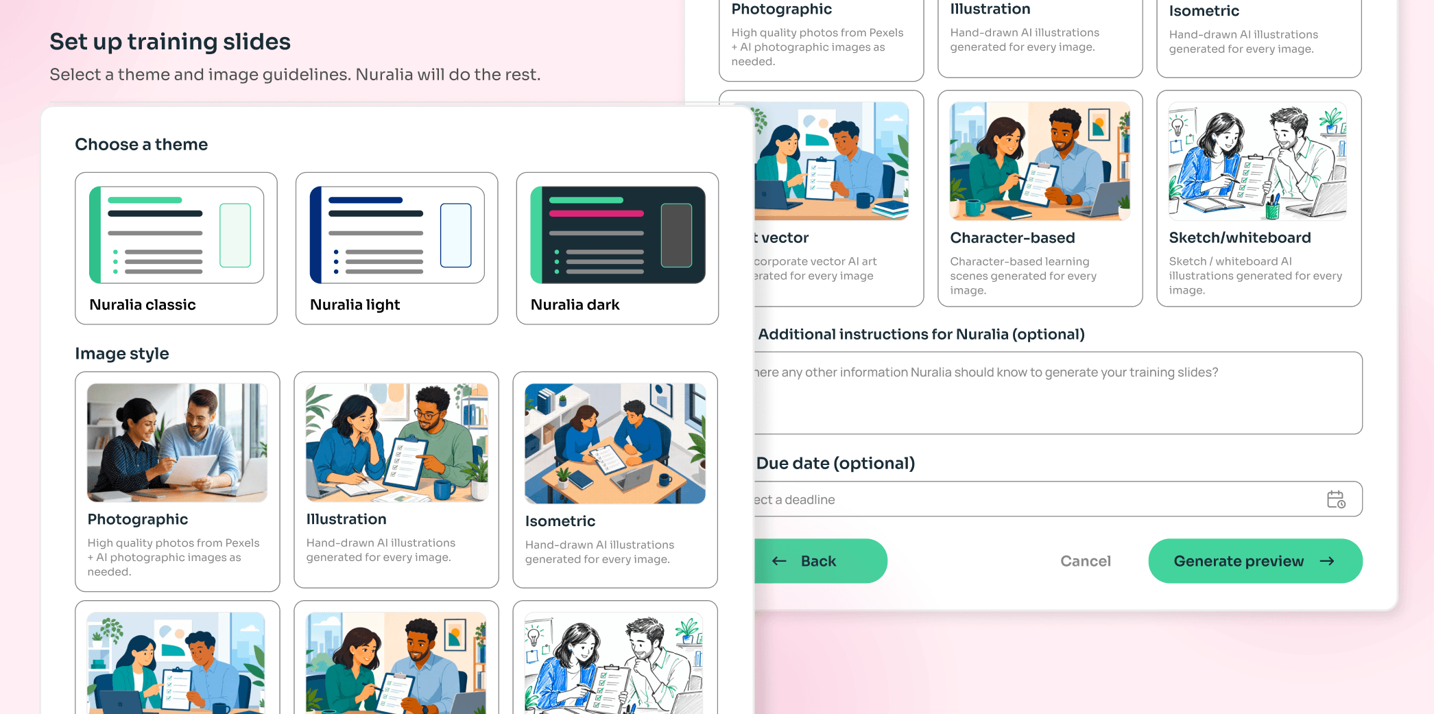 Nuralia's Set up training slides step: a choice of three slide themes and a grid of image styles such as Photographic, Illustration, Isometric, Character-based, and Sketch/whiteboard, beside optional instructions, a due date field, and a Generate preview button.