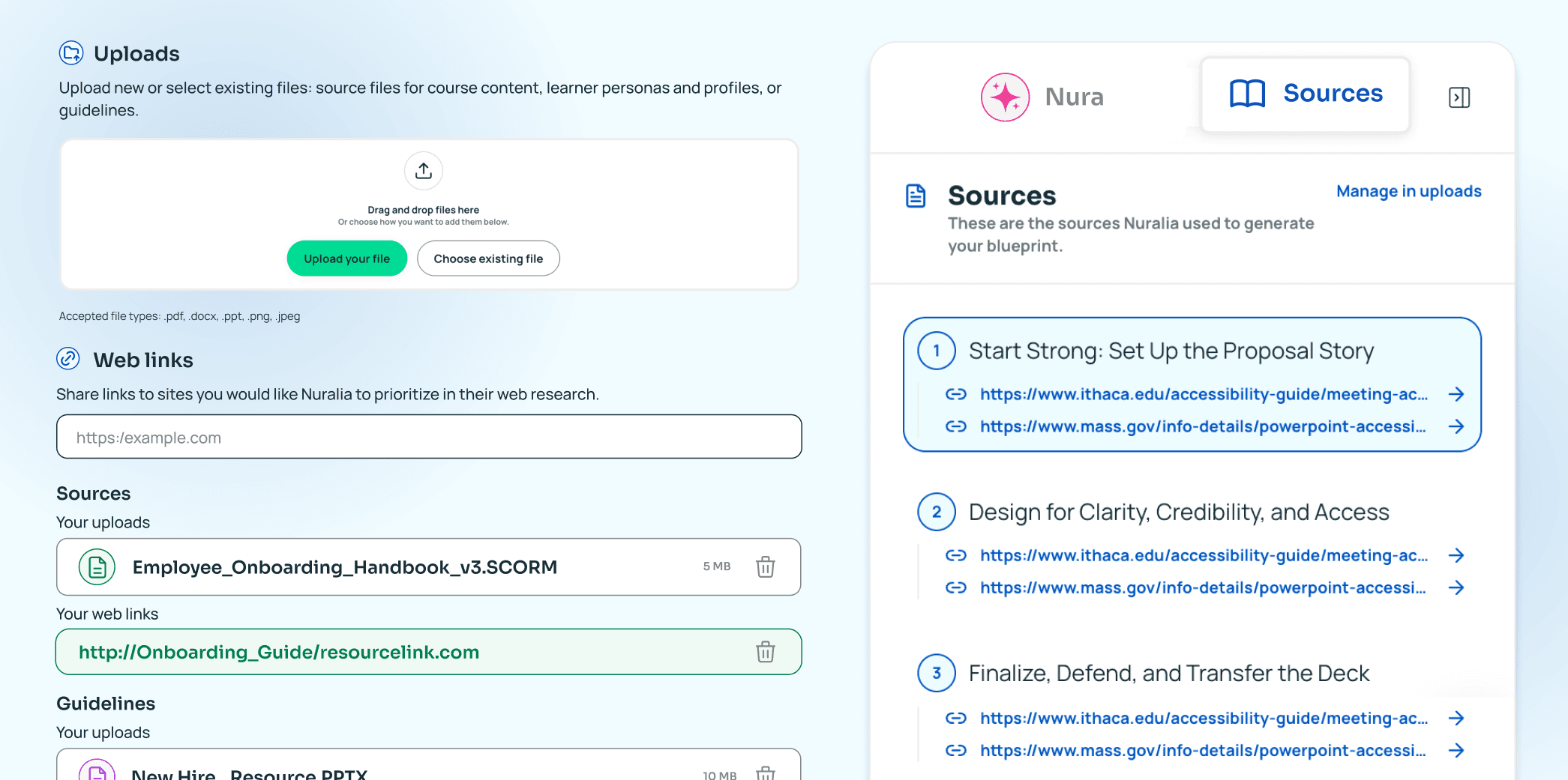 Nuralia's Uploads and Web links step with a file drop zone, an uploaded onboarding handbook, and a saved web link, beside the Sources panel listing the web pages cited for each blueprint section.