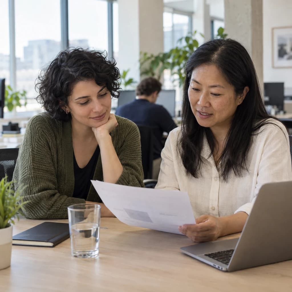 Two colleagues reviewing a printed onboarding page beside a laptop in a bright office.