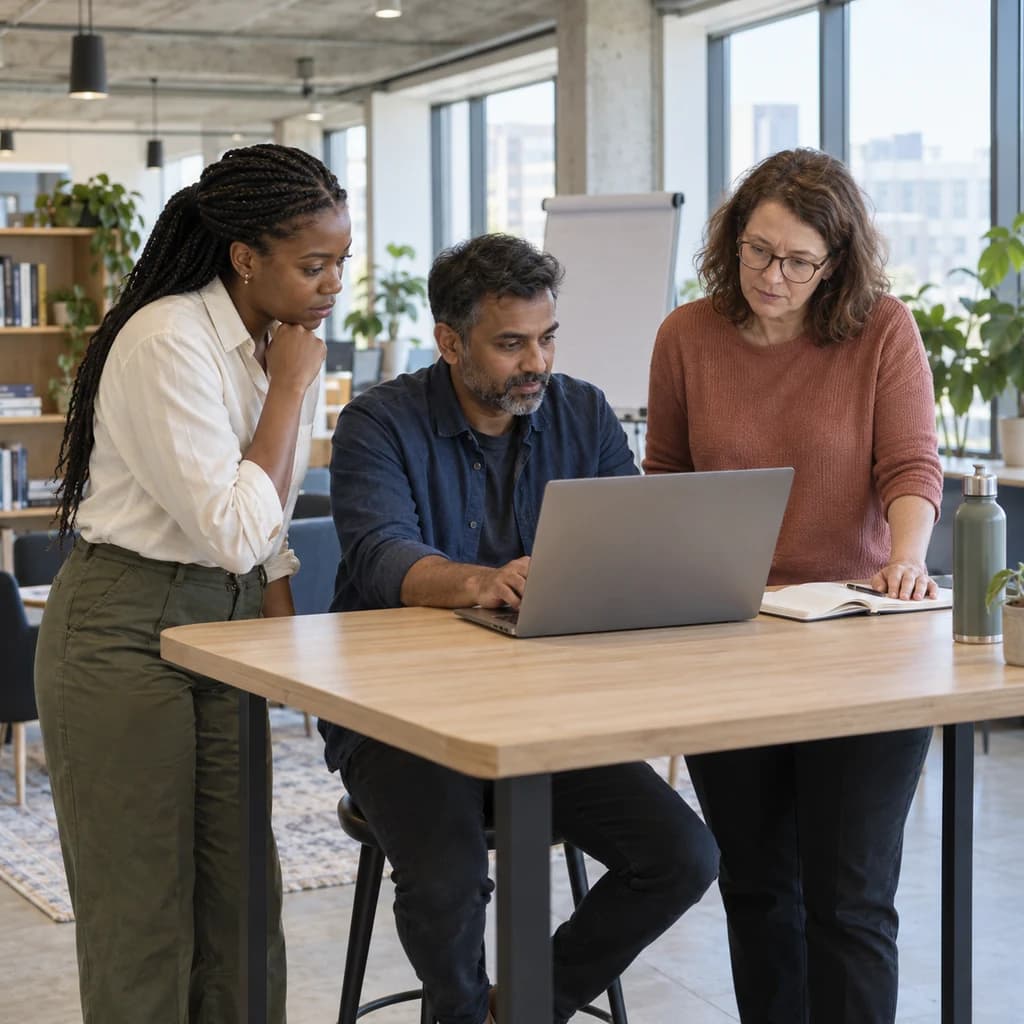 Three coworkers concentrating on a laptop during a practical workshop in an office learning area.