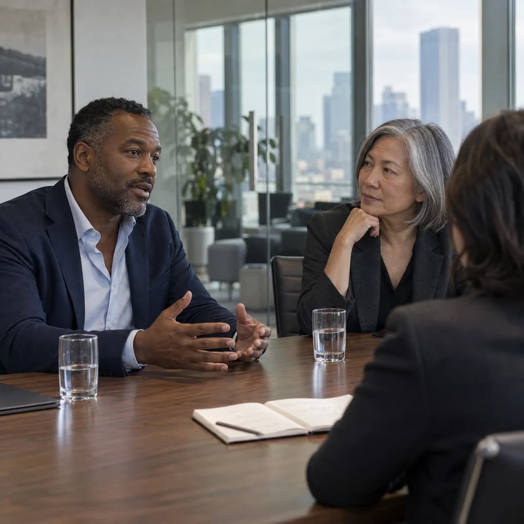 Three colleagues in a thoughtful coaching conversation around a boardroom table.