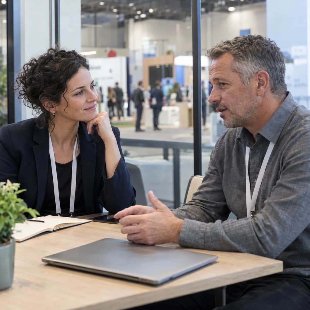 Two professionals talking at a table beside a busy conference exhibition hall.
