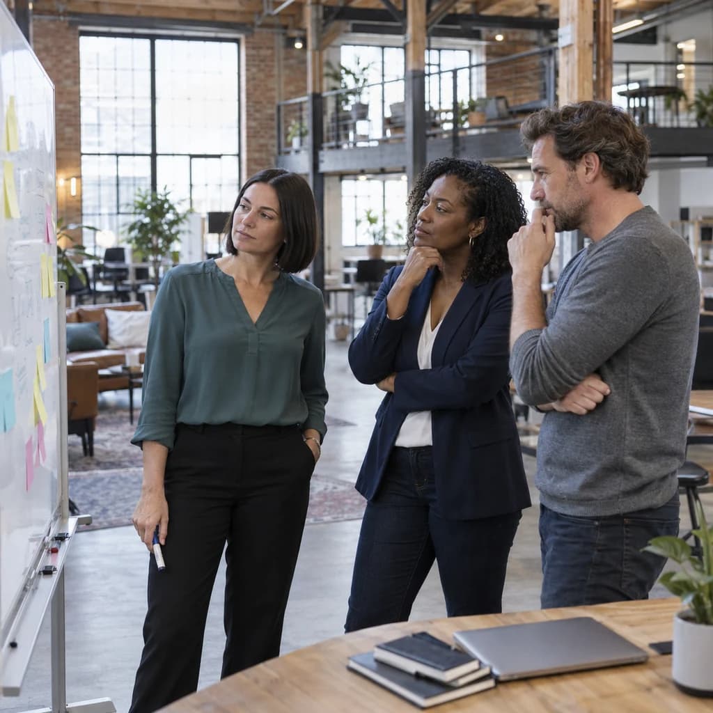Three colleagues considering a whiteboard of planning notes in a converted industrial office.
