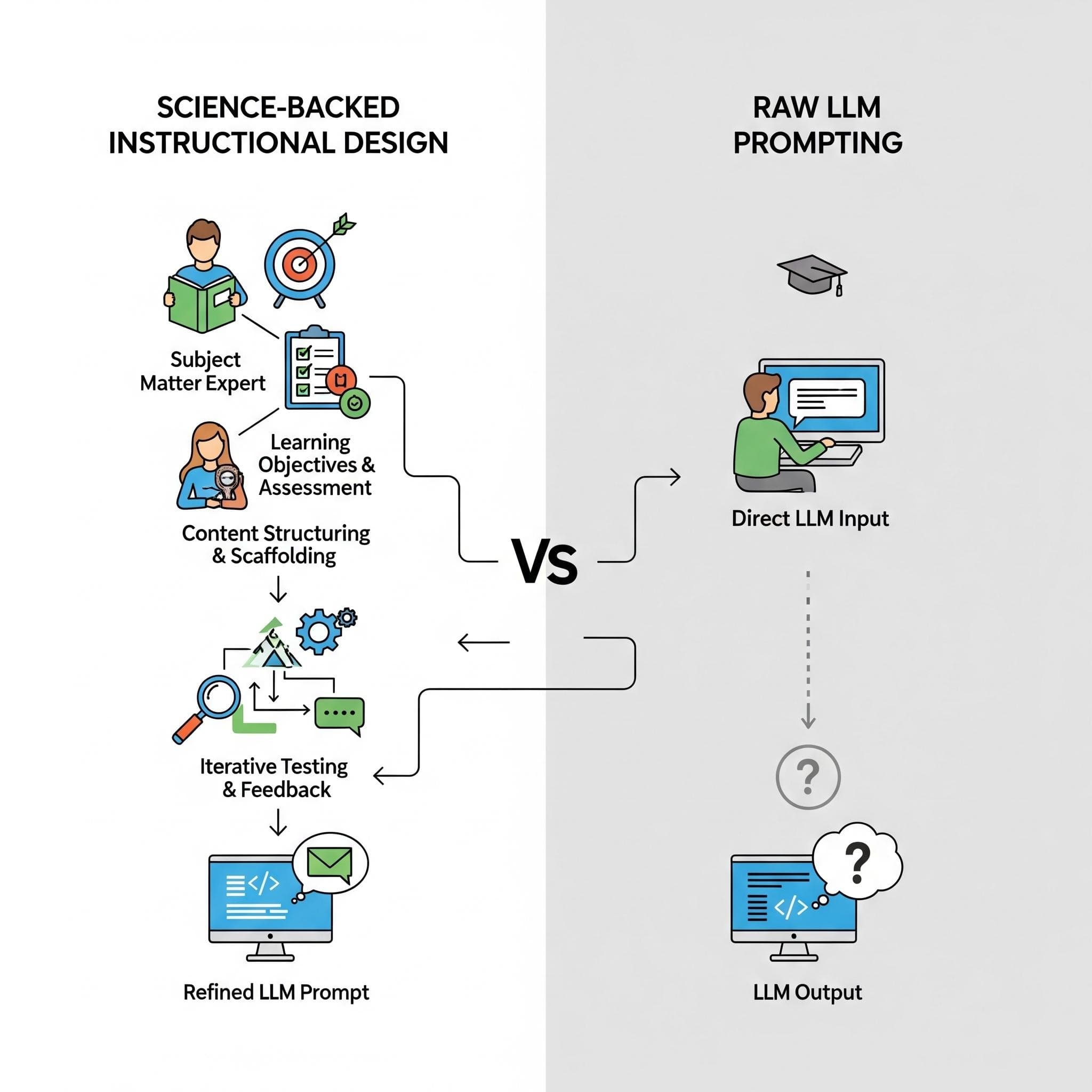 Illustration contrasting "Science-backed instructional design" with "Raw LLM prompting". On the left, a subject matter expert, learning objectives and assessment, content structuring and scaffolding, and iterative testing and feedback lead to a refined LLM prompt. On the right, direct LLM input leads straight to an LLM output marked with question marks.