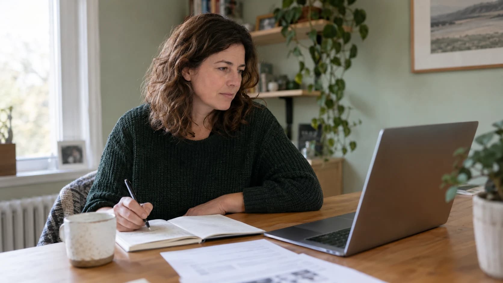 A learning designer in a green sweater reviews her laptop with a pen poised over course notes at a sunlit home office desk.
