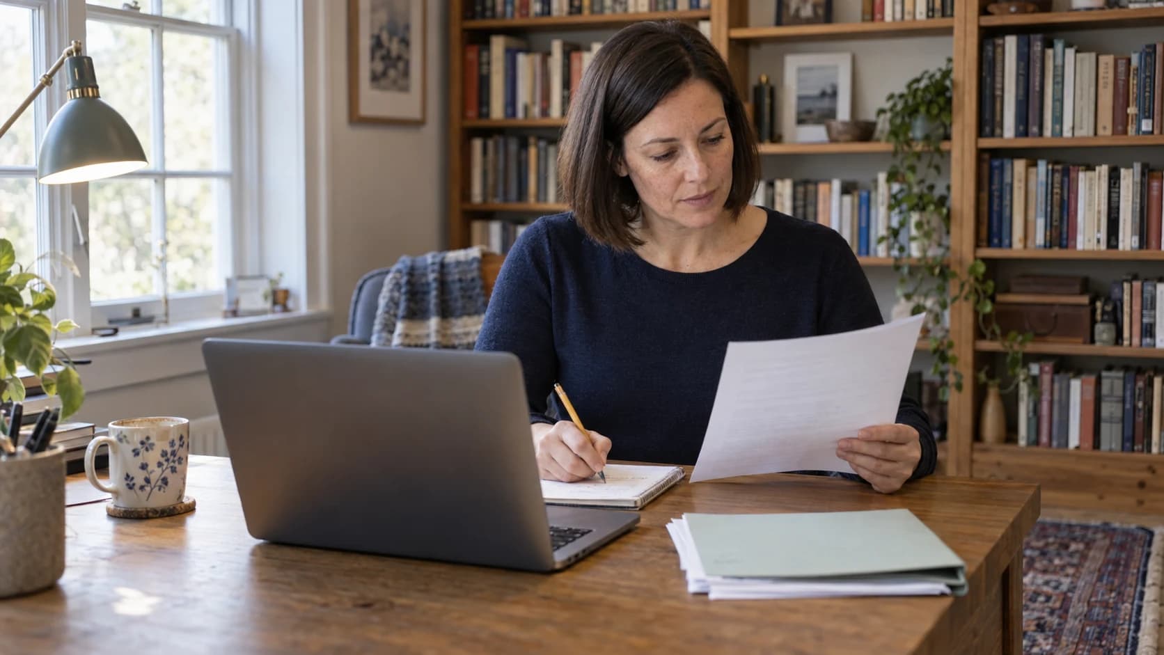 A learning and development manager reads a printout and makes notes beside her laptop in a book-lined home office.