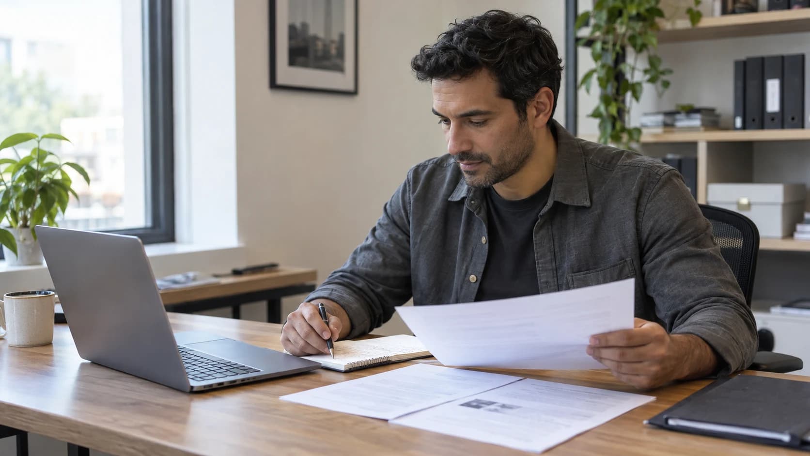 A learning and development professional reviews a printout beside a laptop, notebook, and several working documents in a daylight office.